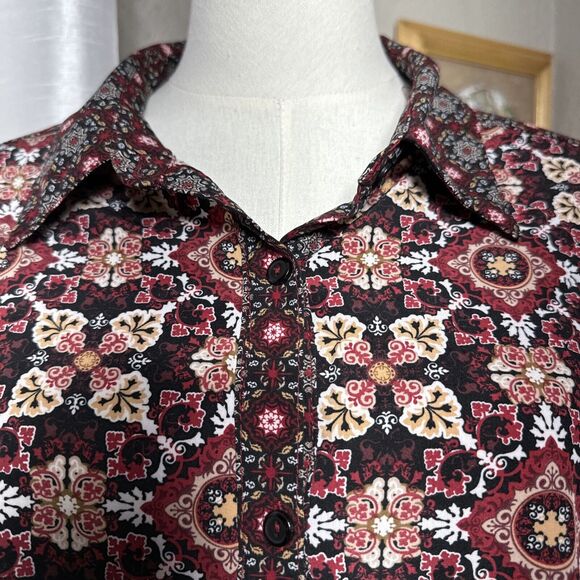 Vintage 70s Button Up Blouse Notations Womens Print Long Sleeve Size 1X - Picture 2 of 11